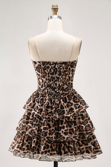 Vestido de cóctel corto con volantes en capas y corsé de novia de leopardo marrón